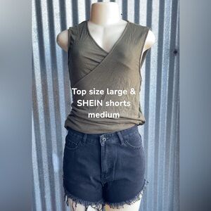 SHEIN Dark Denim Women's Shorts & green tie top